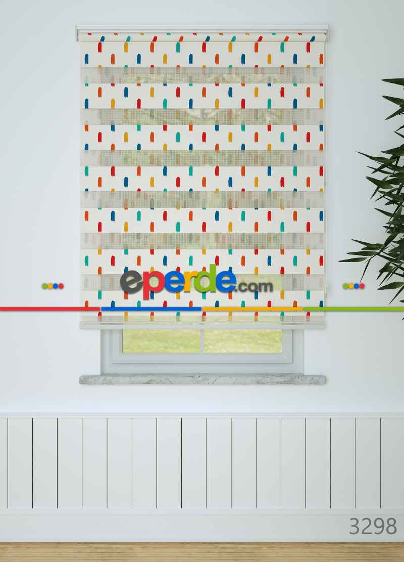 Mint Kırmızı Fırça Desenli Baskılı Zebra Perde