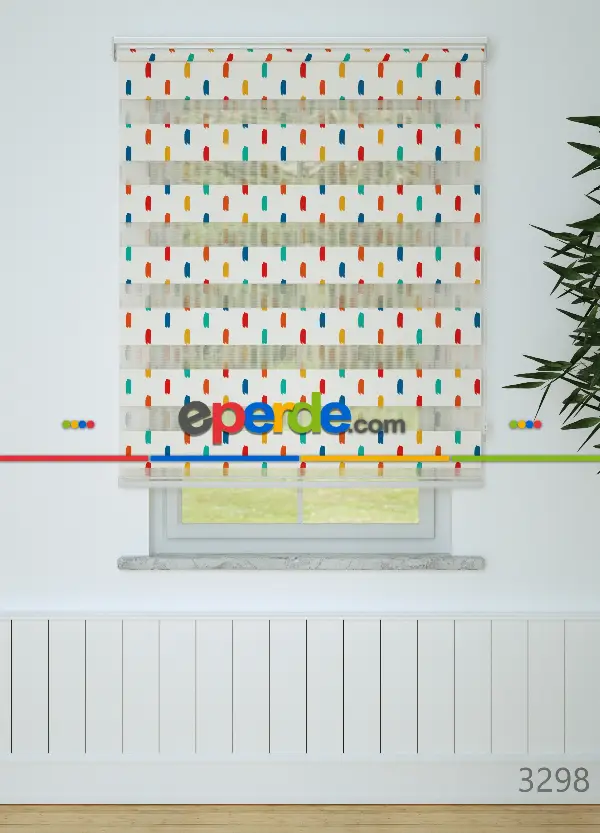 Mint Kırmızı Fırça Desenli Baskılı Zebra Perde