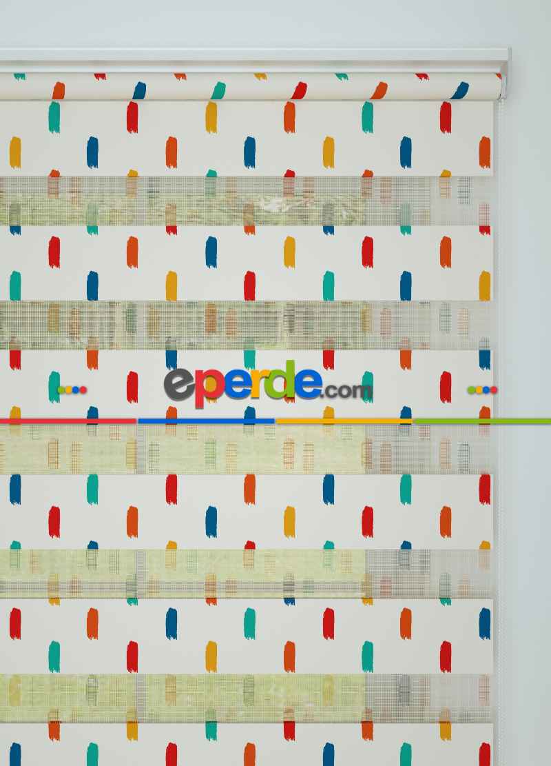 Mint Kırmızı Fırça Desenli Baskılı Zebra Perde