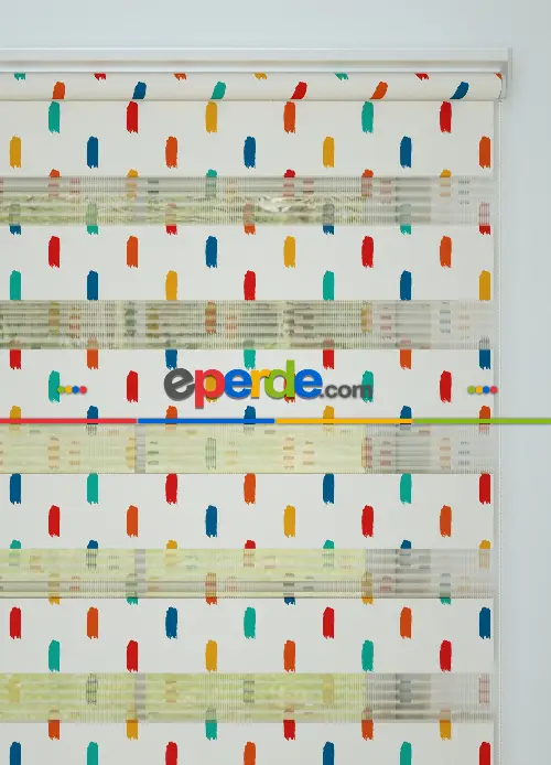 Mint Kırmızı Fırça Desenli Baskılı Zebra Perde