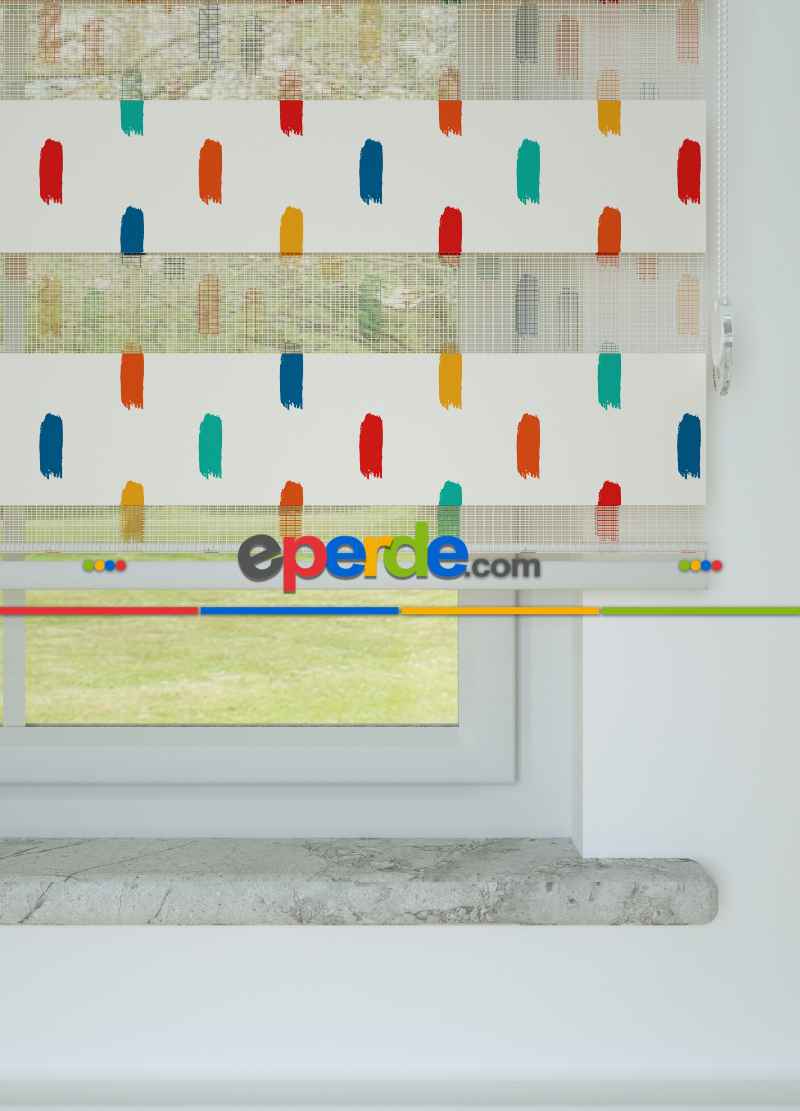 Mint Kırmızı Fırça Desenli Baskılı Zebra Perde