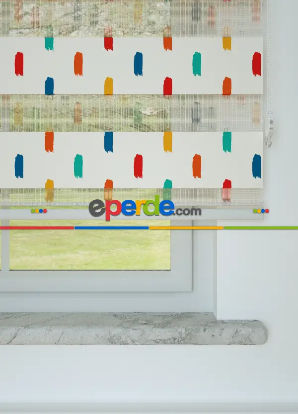 Mint Kırmızı Fırça Desenli Baskılı Zebra Perde