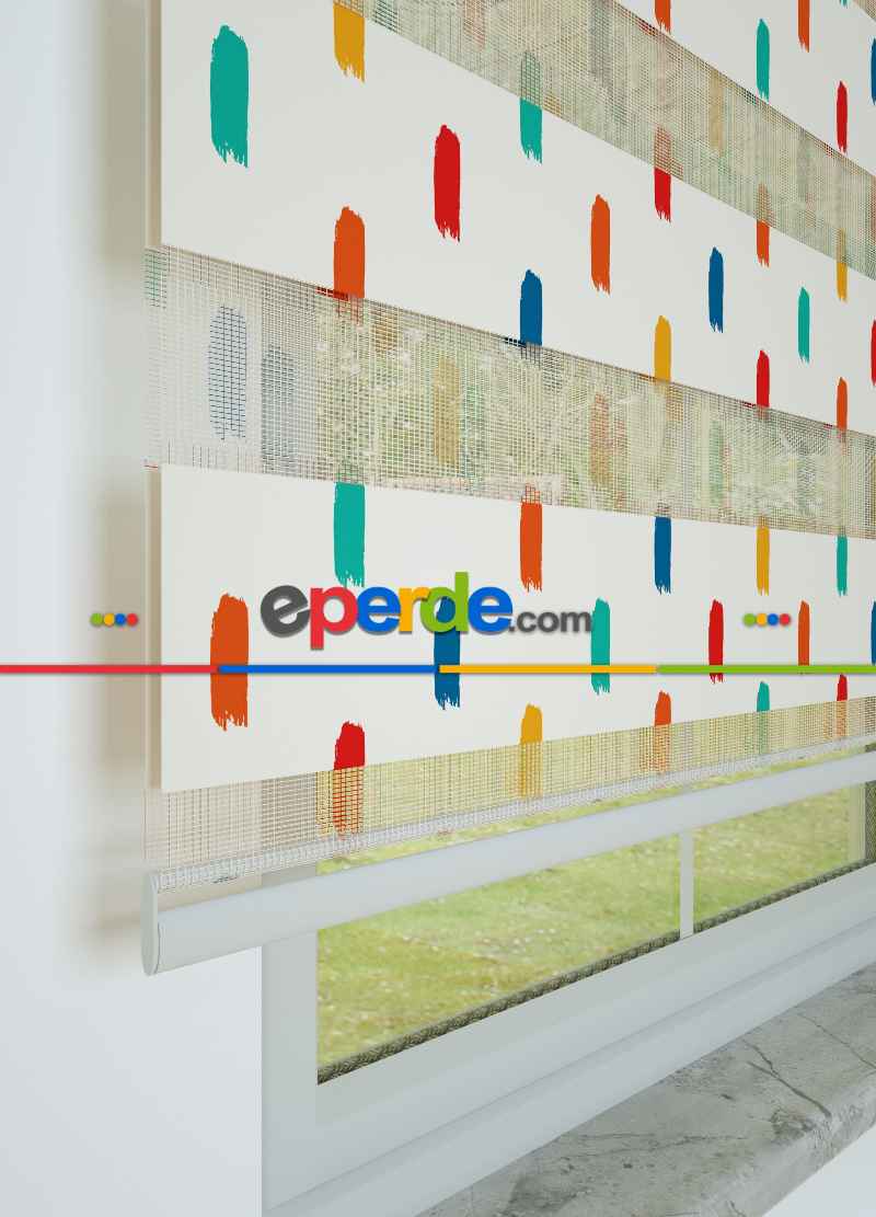 Mint Kırmızı Fırça Desenli Baskılı Zebra Perde