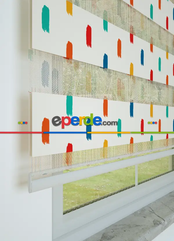 Mint Kırmızı Fırça Desenli Baskılı Zebra Perde