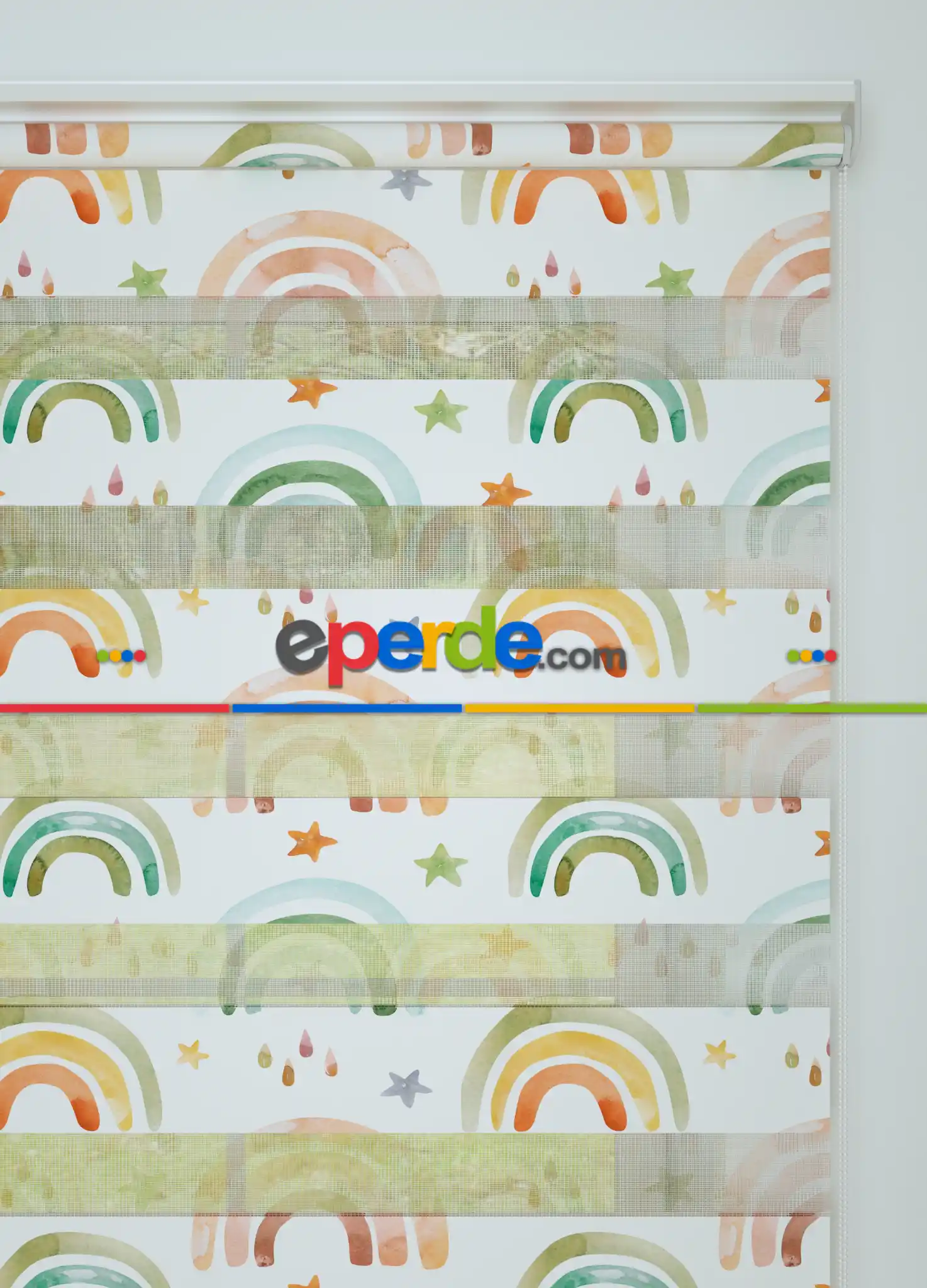 Bebek Odası - Yeşil Turuncu Gökkuşağı Desenli Baskılı Zebra Perde