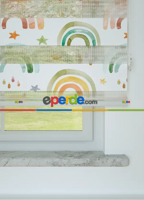 Bebek Odası - Yeşil Turuncu Gökkuşağı Desenli Baskılı Zebra Perde