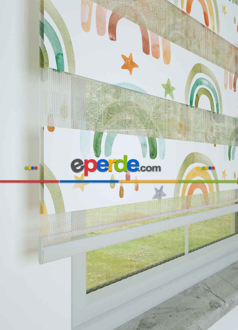 Çocuk Odası - Yeşil Turuncu Gökkuşağı Desenli Baskılı Zebra Perde
