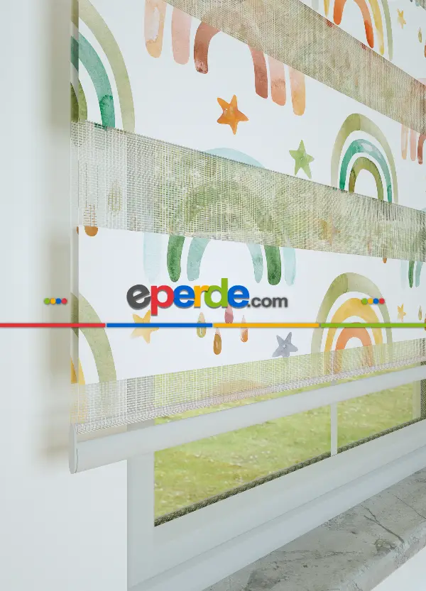 Bebek Odası - Yeşil Turuncu Gökkuşağı Desenli Baskılı Zebra Perde