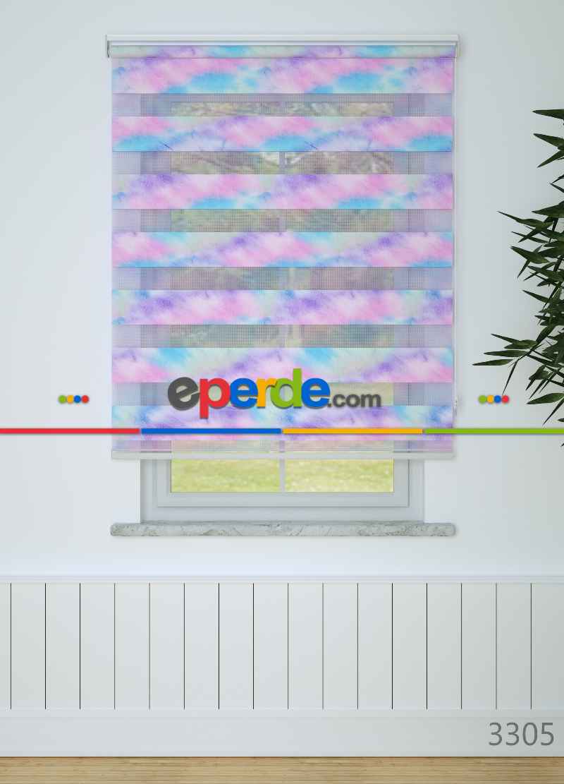 Genç Odası - Pembe Mavi Suluboya Desenli Baskılı Zebra Perde