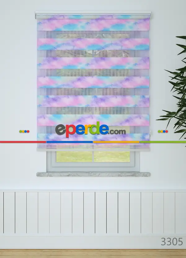 Genç Odası - Pembe Mavi Suluboya Desenli Baskılı Zebra Perde