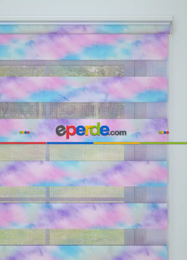 Genç Odası - Pembe Mavi Suluboya Desenli Baskılı Zebra Perde