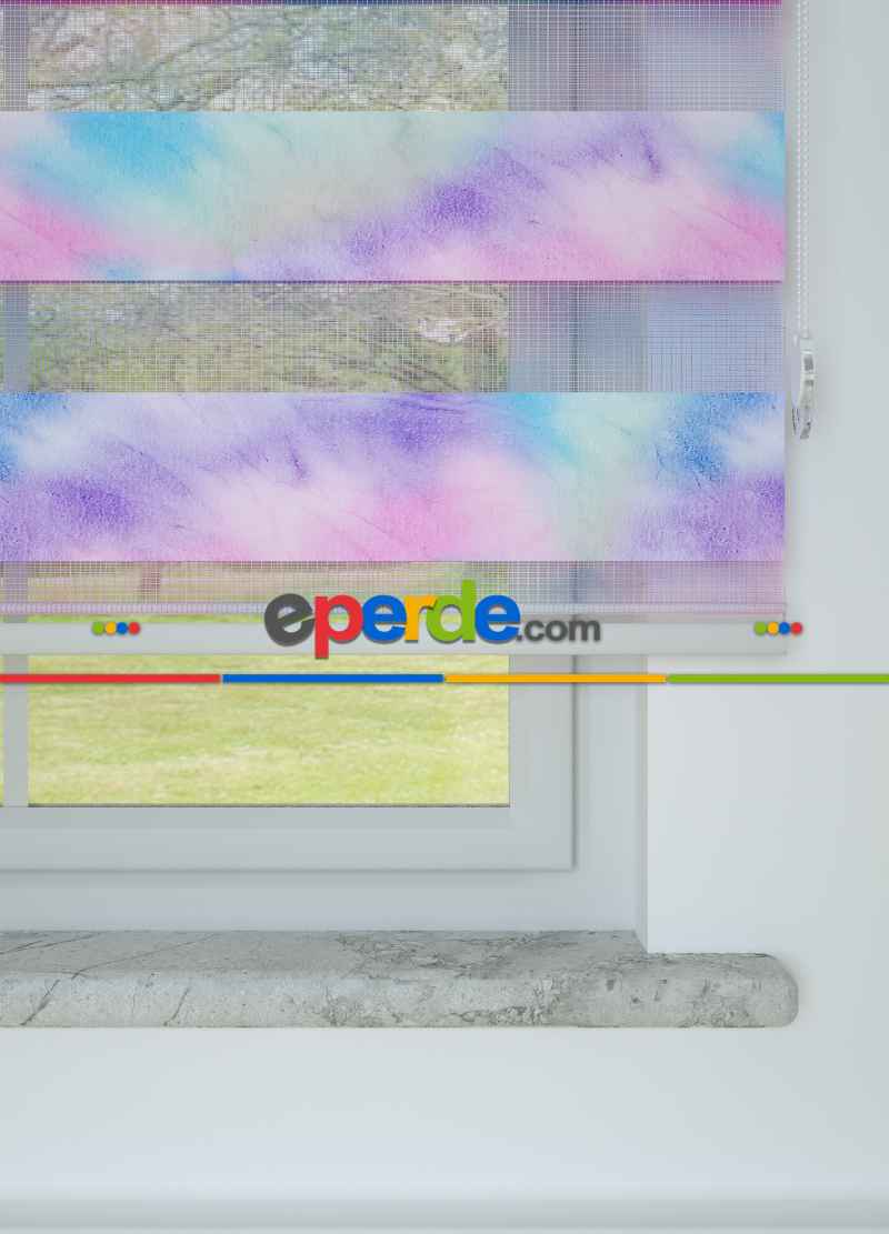 Genç Odası - Pembe Mavi Suluboya Desenli Baskılı Zebra Perde