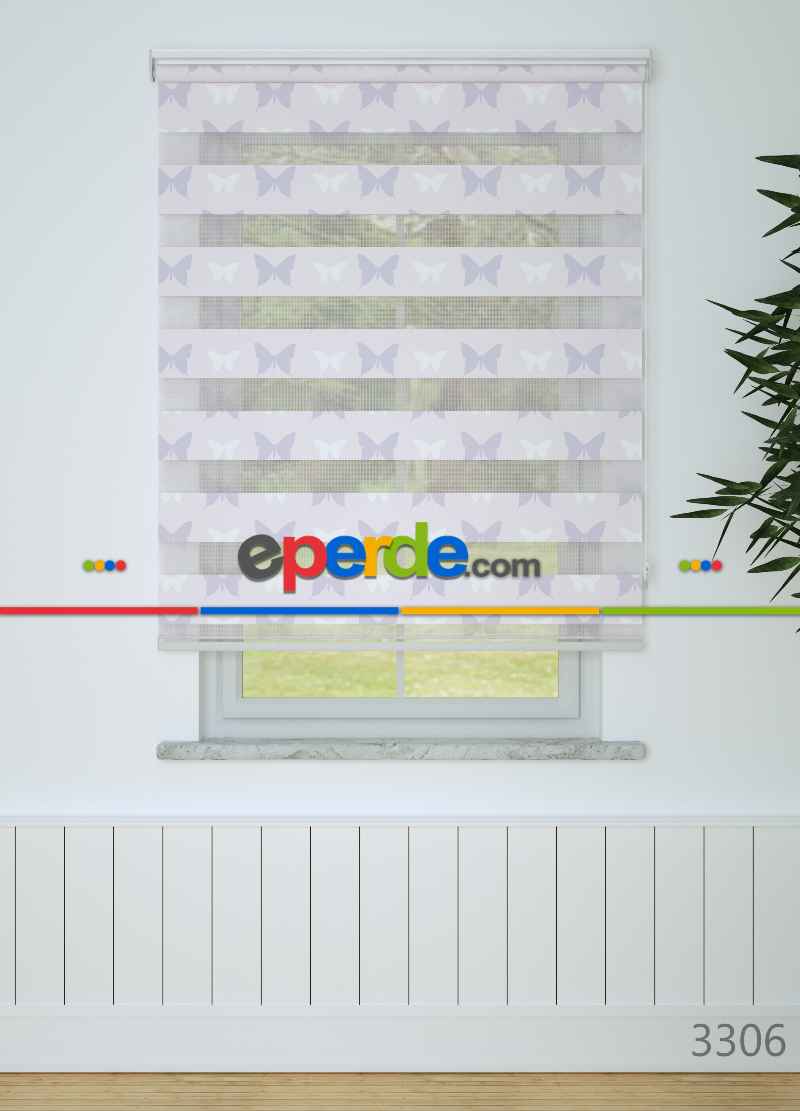 Bebek Odası - Açık Pembe Lila Kelebek Desenli Baskılı Zebra Perde