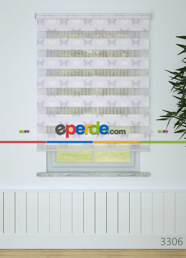 Bebek Odası - Açık Pembe Lila Kelebek Desenli Baskılı Zebra Perde