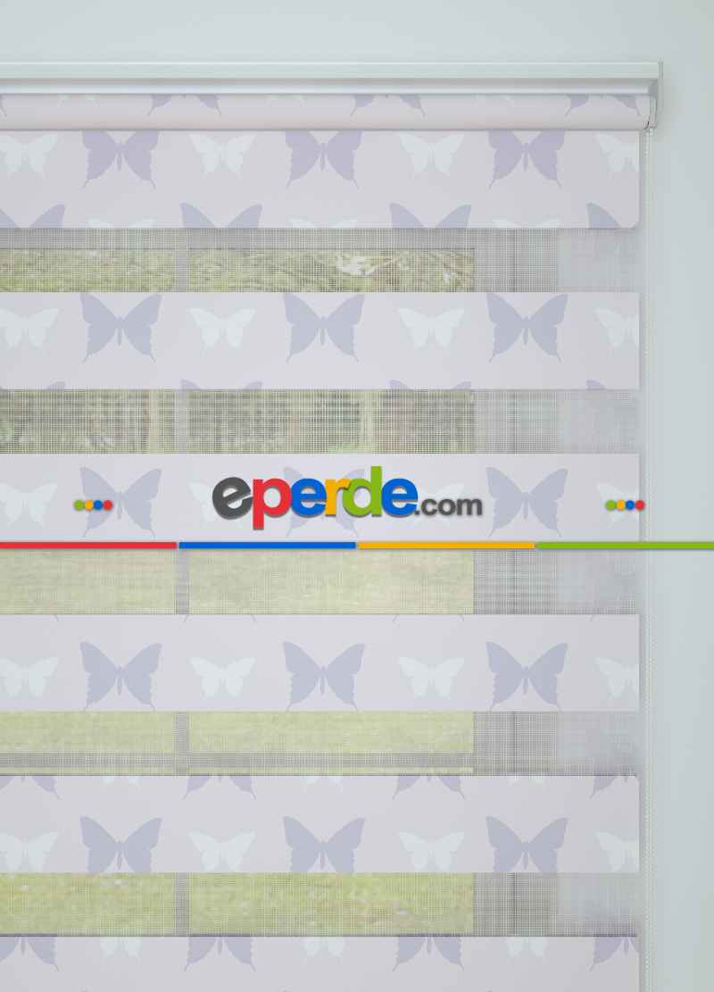 Bebek Odası - Açık Pembe Lila Kelebek Desenli Baskılı Zebra Perde