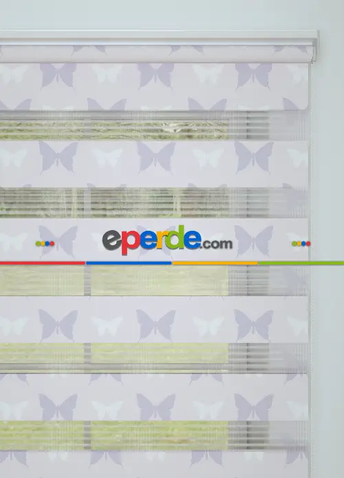 Açık Pembe Lila Kelebek Desenli Baskılı Zebra Perde