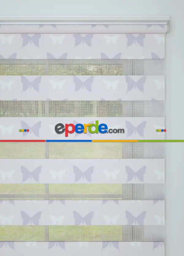 Bebek Odası - Açık Pembe Lila Kelebek Desenli Baskılı Zebra Perde