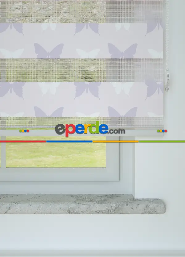 Bebek Odası - Açık Pembe Lila Kelebek Desenli Baskılı Zebra Perde