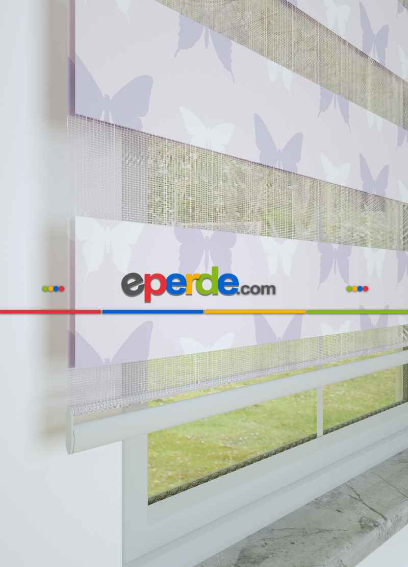 Bebek Odası - Açık Pembe Lila Kelebek Desenli Baskılı Zebra Perde