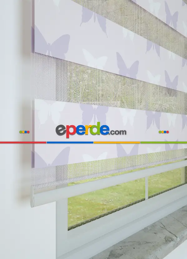 Bebek Odası - Açık Pembe Lila Kelebek Desenli Baskılı Zebra Perde