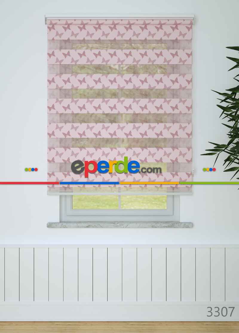 Pembe Kelebek Desenli Baskılı Zebra Perde