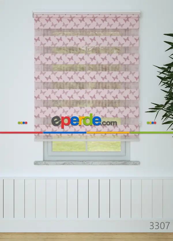 Pembe Kelebek Desenli Baskılı Zebra Perde