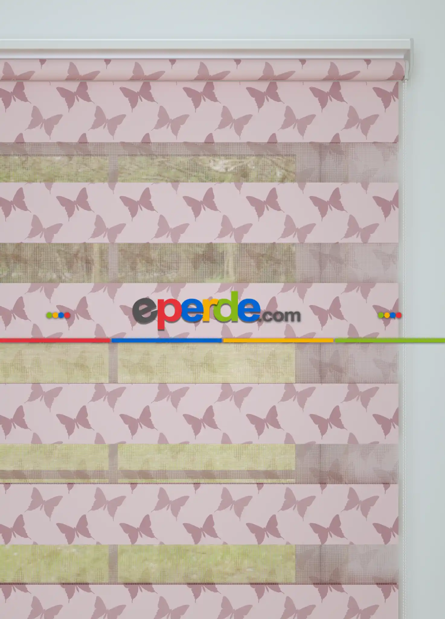 Pembe Kelebek Desenli Baskılı Zebra Perde