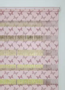 Pembe Kelebek Desenli Baskılı Zebra Perde