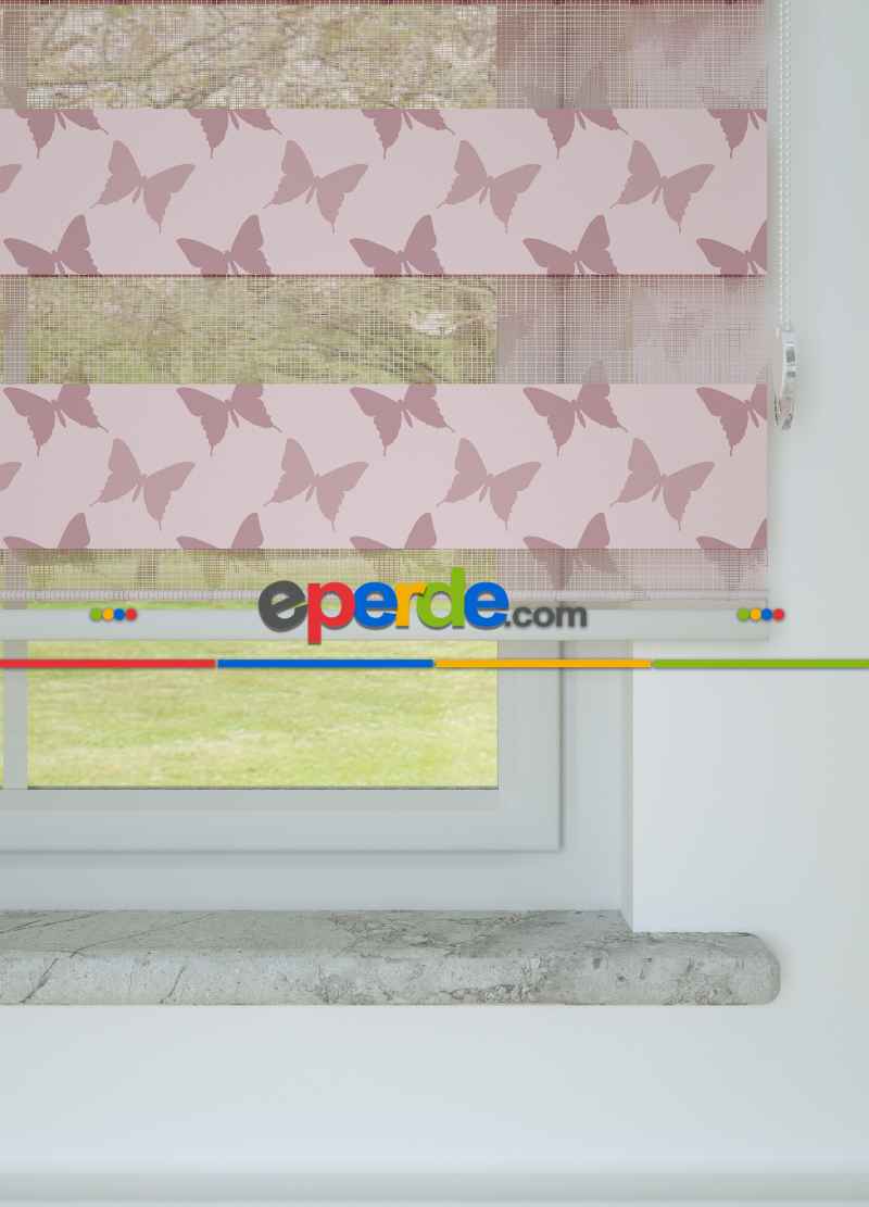 Pembe Kelebek Desenli Baskılı Zebra Perde