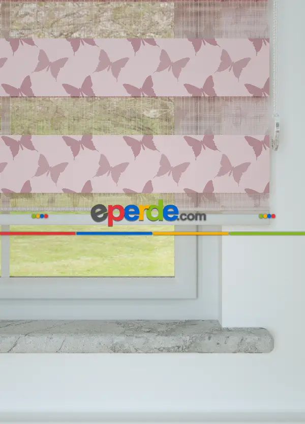 Pembe Kelebek Desenli Baskılı Zebra Perde