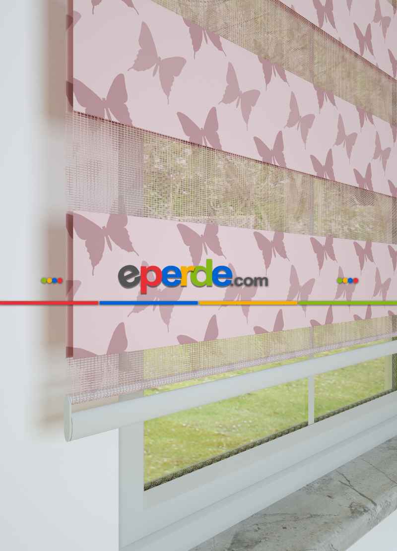 Pembe Kelebek Desenli Baskılı Zebra Perde