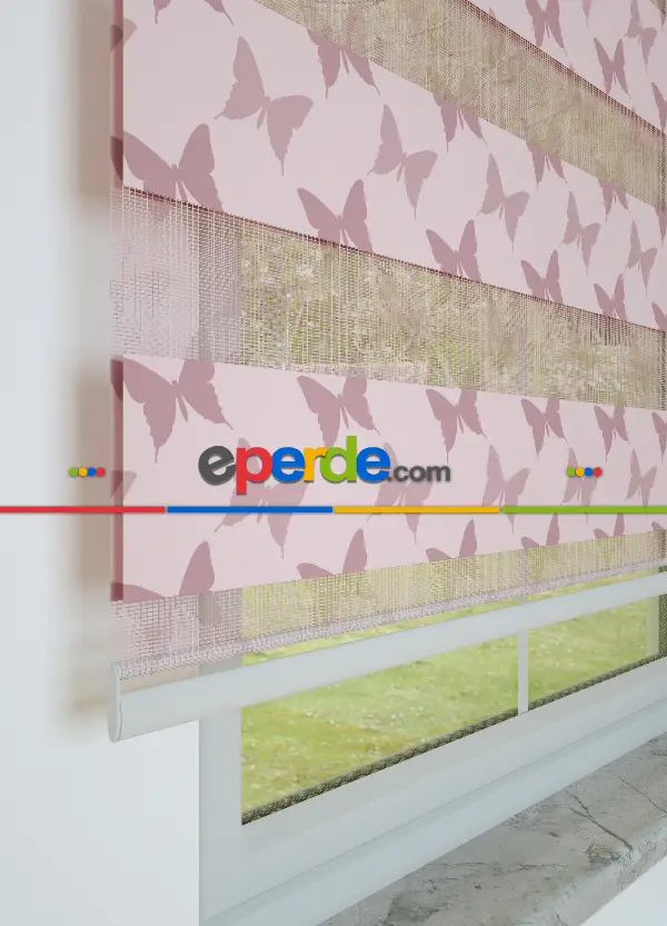 Pembe Kelebek Desenli Baskılı Zebra Perde