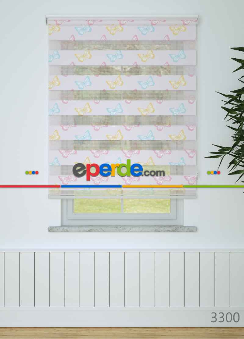 Açık Pembe Sarı Kelebek Desenli Baskılı Zebra Perde