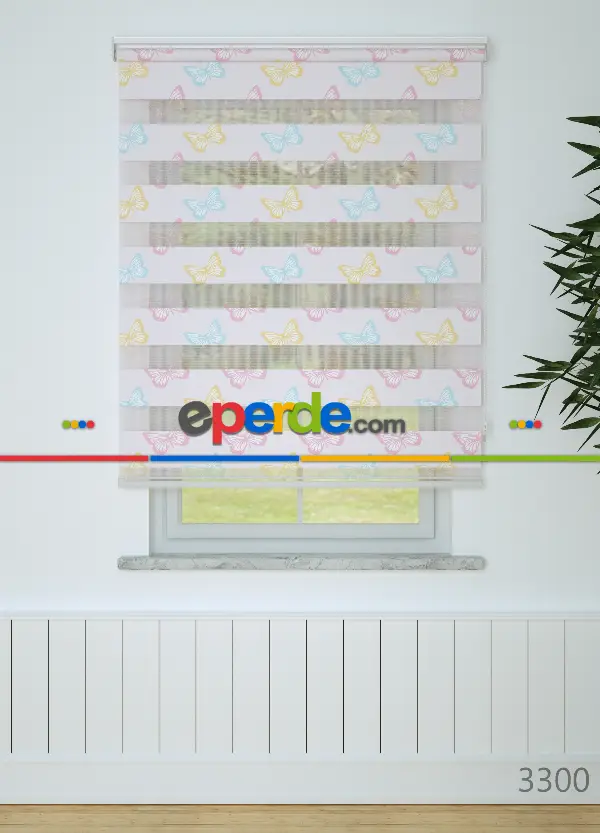 Açık Pembe Sarı Kelebek Desenli Baskılı Zebra Perde