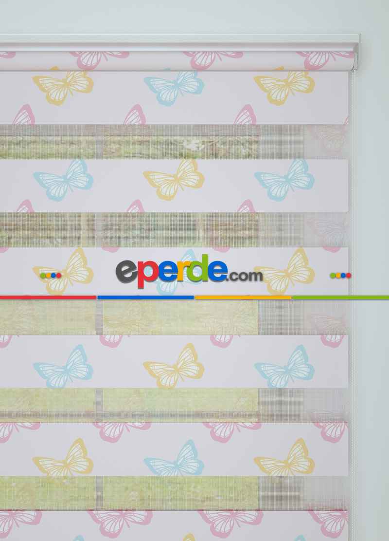 Açık Pembe Sarı Kelebek Desenli Baskılı Zebra Perde