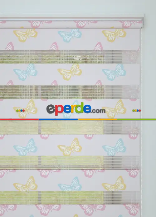 Açık Pembe Sarı Kelebek Desenli Baskılı Zebra Perde