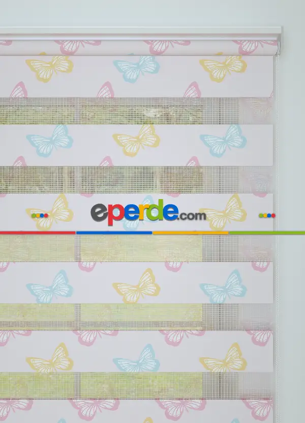 Açık Pembe Sarı Kelebek Desenli Baskılı Zebra Perde