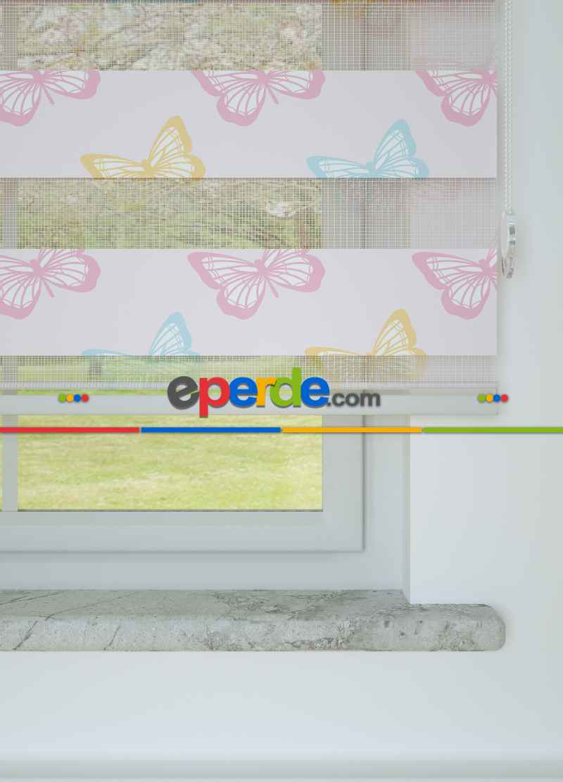 Açık Pembe Sarı Kelebek Desenli Baskılı Zebra Perde