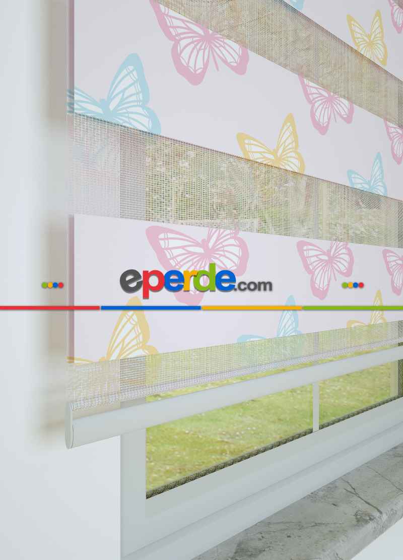 Açık Pembe Sarı Kelebek Desenli Baskılı Zebra Perde