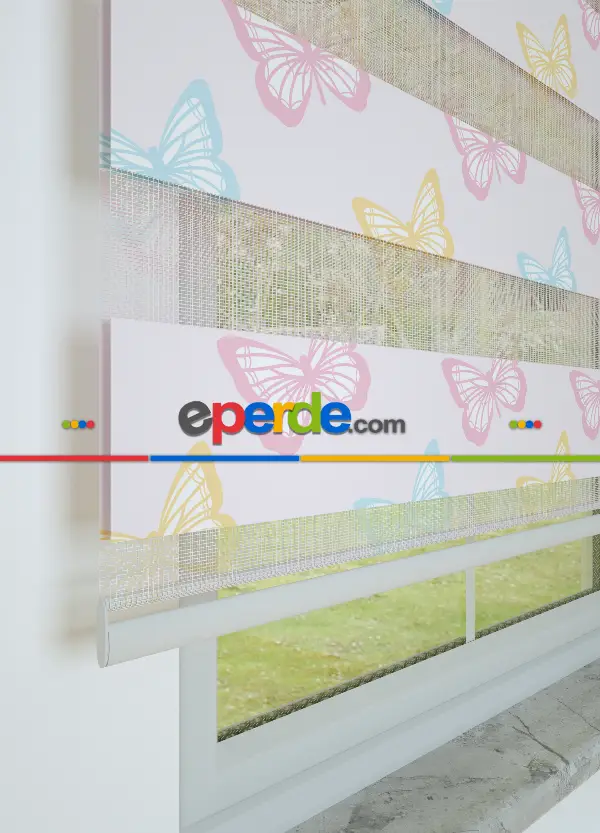 Açık Pembe Sarı Kelebek Desenli Baskılı Zebra Perde