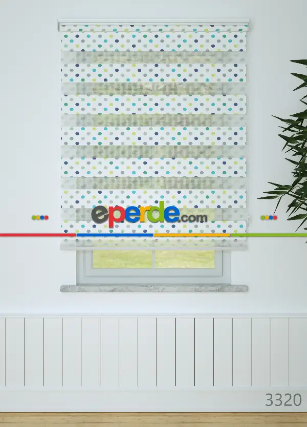 Sarı Yeşil Puan Desenli Baskılı Zebra Perde