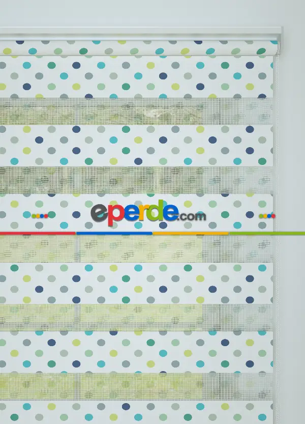 Sarı Yeşil Puan Desenli Baskılı Zebra Perde