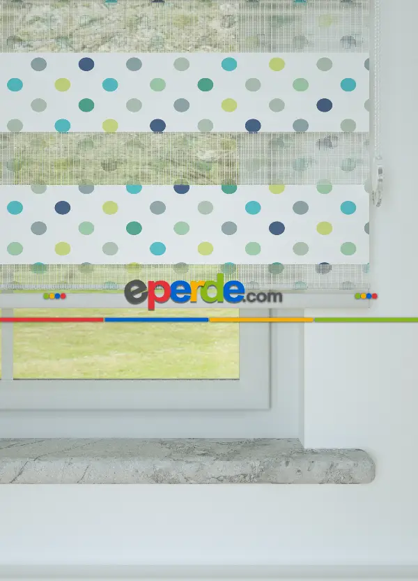 Sarı Yeşil Puan Desenli Baskılı Zebra Perde