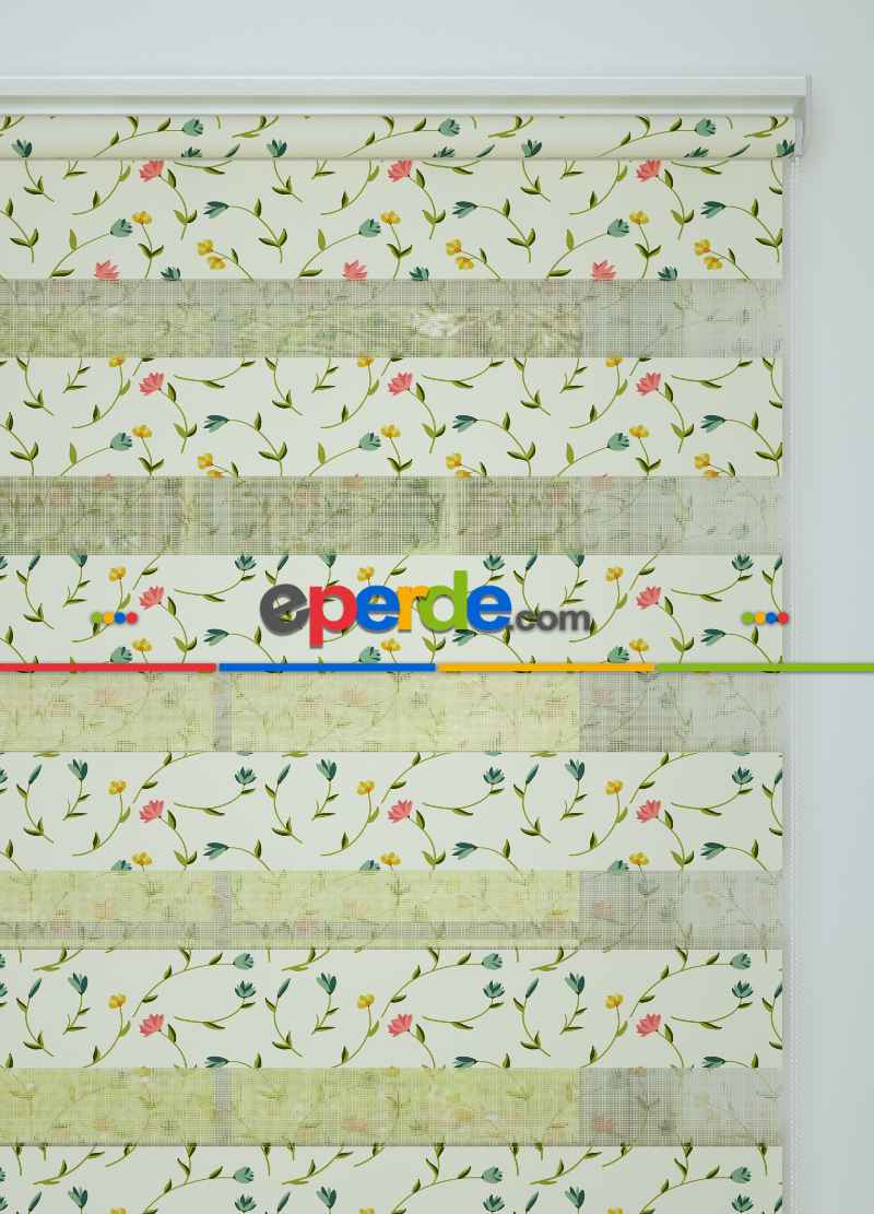 Çocuk Odası - Yeşil Sarı Bahar Dalı Çiçek Desenli Baskılı Zebra Perde
