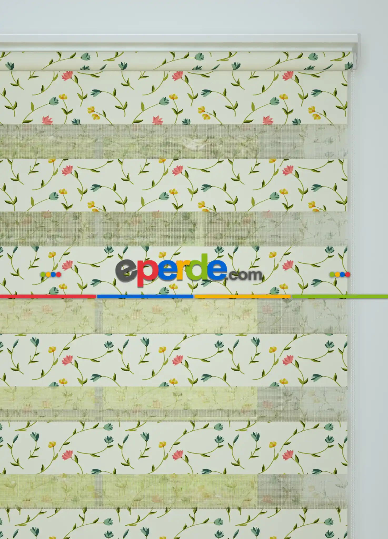 Yeşil Sarı Bahar Dalı Çiçek Desenli Baskılı Zebra Perde