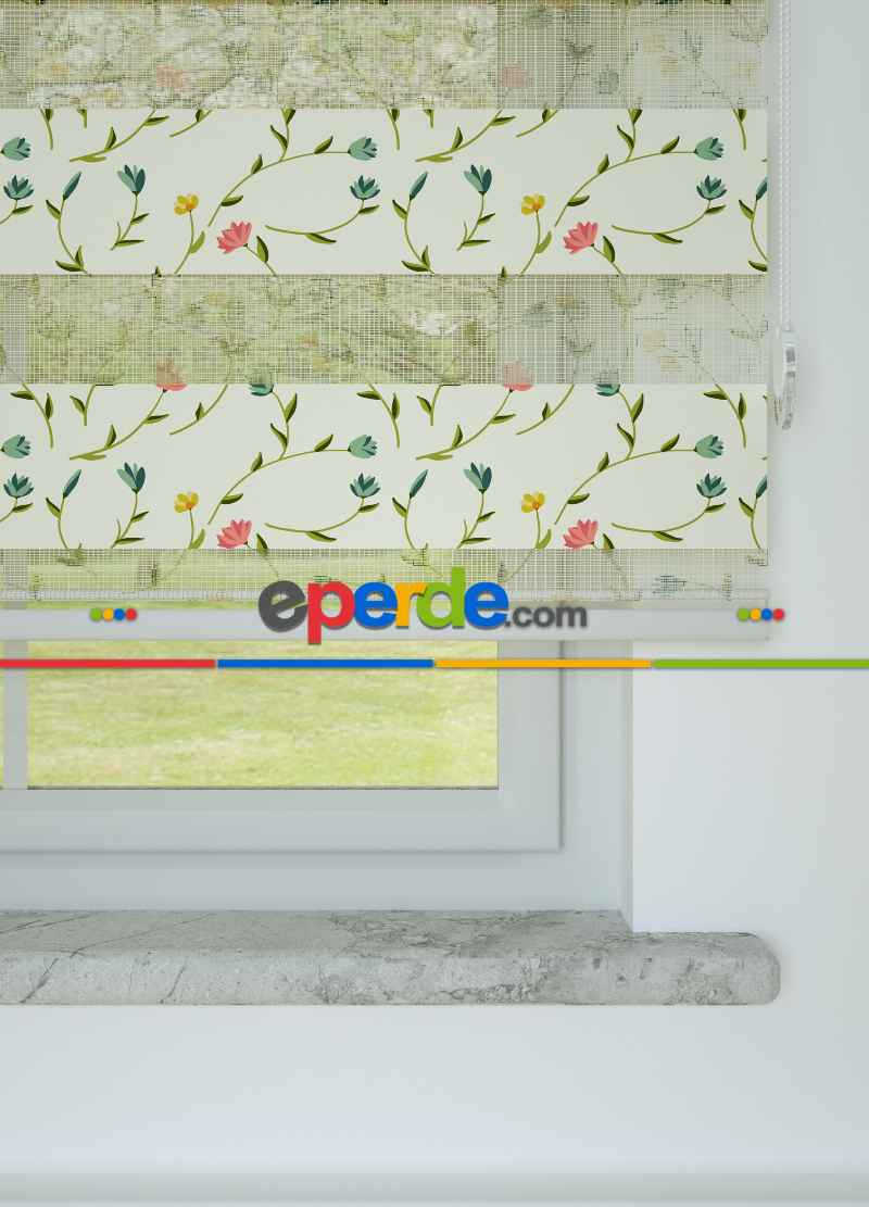 Çocuk Odası - Yeşil Sarı Bahar Dalı Çiçek Desenli Baskılı Zebra Perde