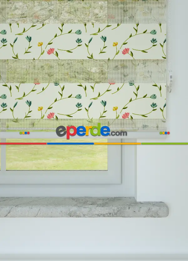 Yeşil Sarı Bahar Dalı Çiçek Desenli Baskılı Zebra Perde