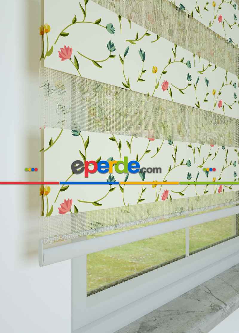 Çocuk Odası - Yeşil Sarı Bahar Dalı Çiçek Desenli Baskılı Zebra Perde