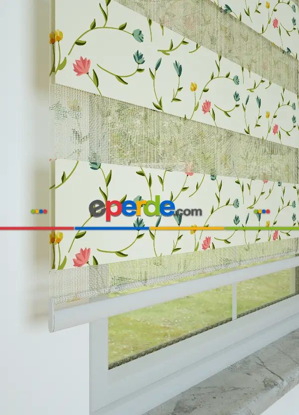 Yeşil Sarı Bahar Dalı Çiçek Desenli Baskılı Zebra Perde