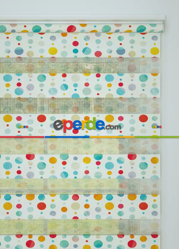 Kırmızı Sarı Puan Desenli Baskılı Zebra Perde